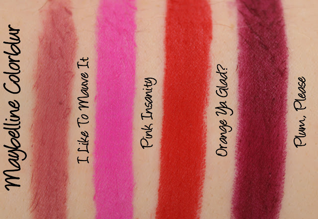 Maybelline Colorblur - I Like To Mauve It, Pink Insanity, Orange Ya Glad and Plum Please Swatches & Review
