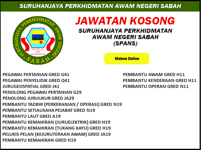 Minima PMR / PT3 Layak Memohon Pelbagai Jawatan Kosong Terkini Di Suruhanjaya Perkhidmatan Awam Negeri Sabah - Mohon Sebelum 10 SEPTEMBER 2020 