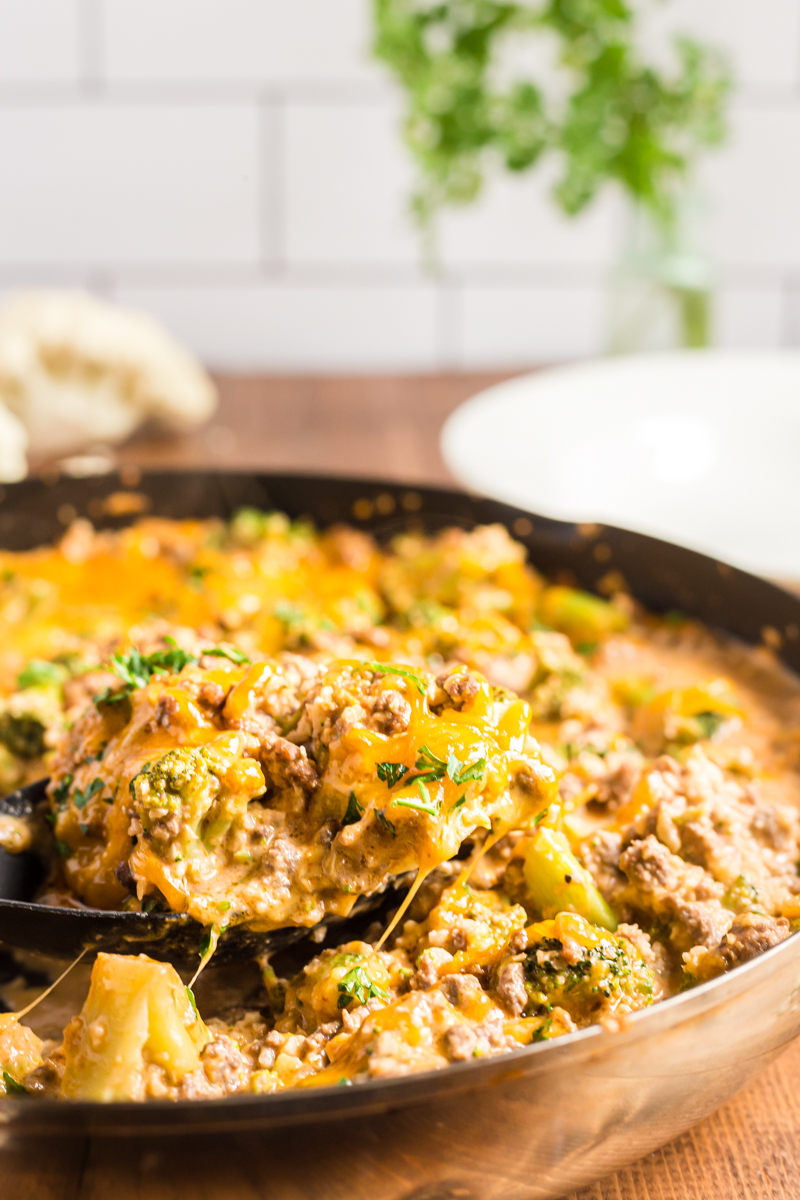 This Low Carb Cheesy Beef and Broccoli Rice Skillet recipe is the perfect quick and easy weeknight dinner the whole family will love!