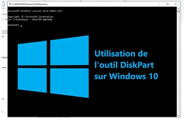 Utilisation de l'outil DiskPart pour nettoyer et formater un disque sous Windows 10.