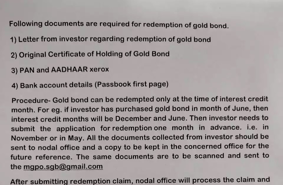 Documents Required for Redemption of SGB (Sovereign Gold Bond