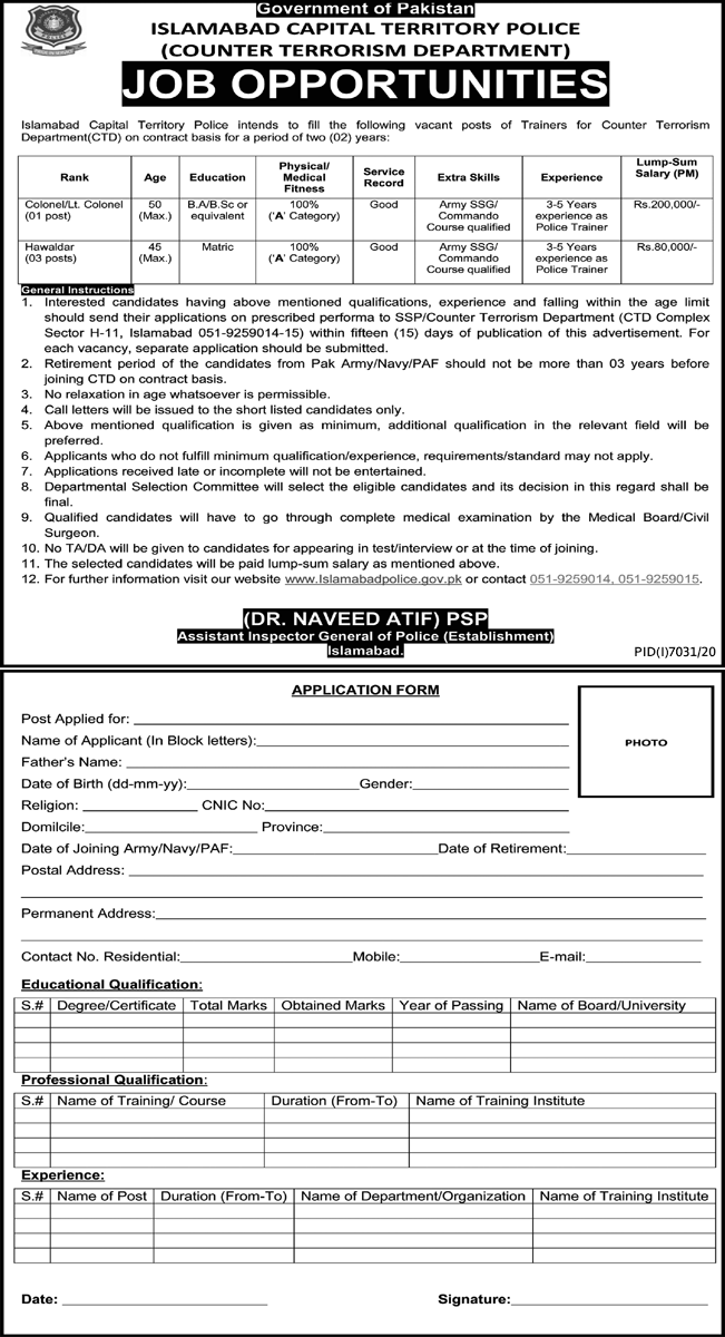 Government Jobs in Islamabad Capital Territory Police (Counter Terrorisms Department) in June 2021