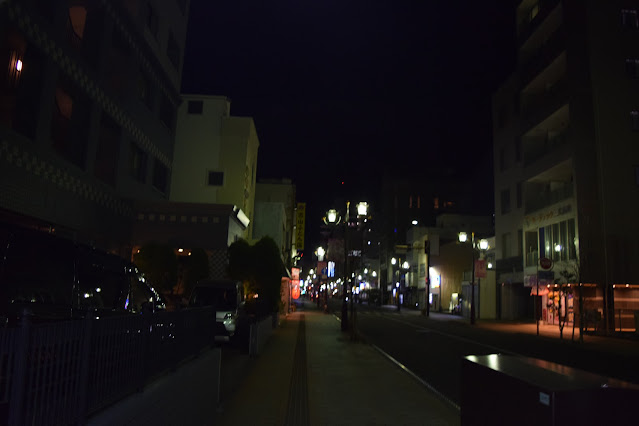 Tenma-cho dori in Shizuoka city after dark. You can see lanterns and shop signs in the distance