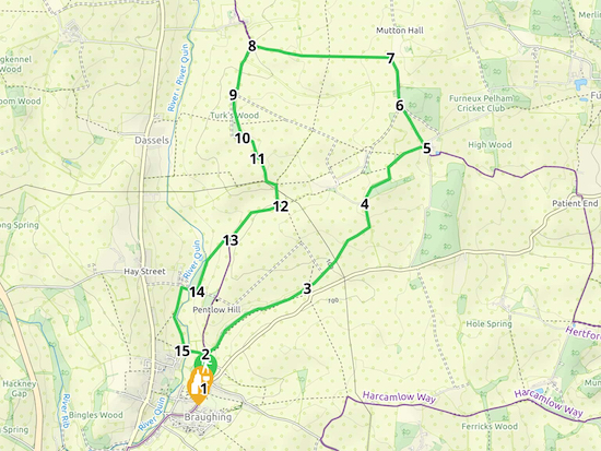 Map for Walk 129: Braughing NE Loop Created on Map Hub by Hertfordshire Walker Elements © Thunderforest © OpenStreetMap contributors There is an interactive map below these directions