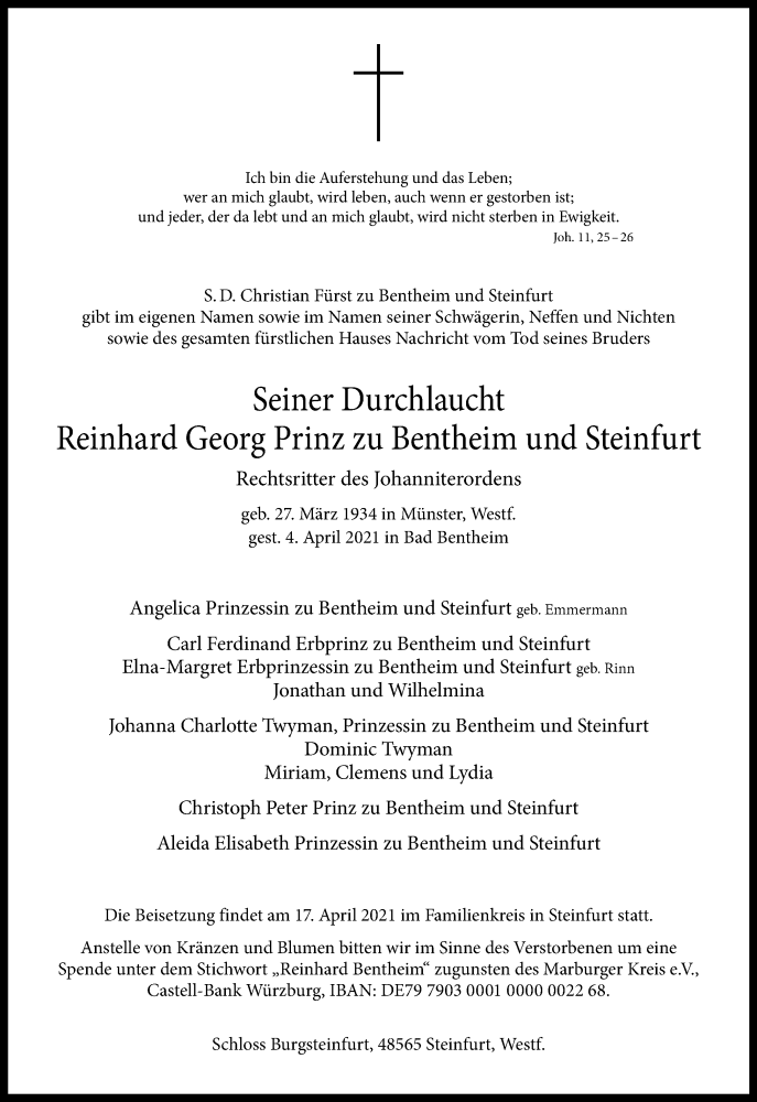 royal musings death of hsh prince reinhard georg of bentheim und steinfurt