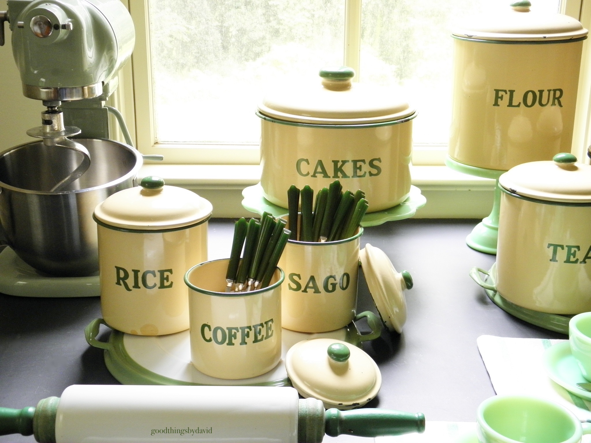 Vintage Cream and Green Enamelware Canisters