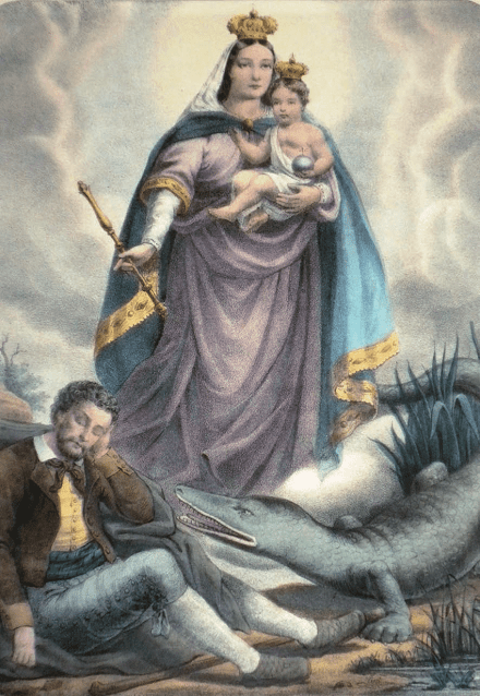 Nossa Senhora da Penha com o Menino Jesus no colo e aos seus pés o peregrino e o lagarto
