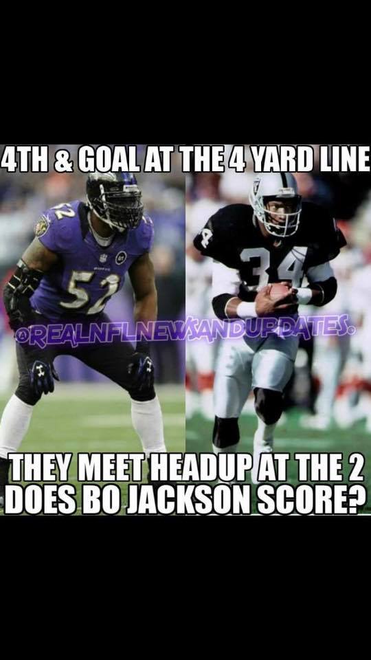 4th & goal at the 4 yard line they meet headup at the 2 does bo jackson score?
