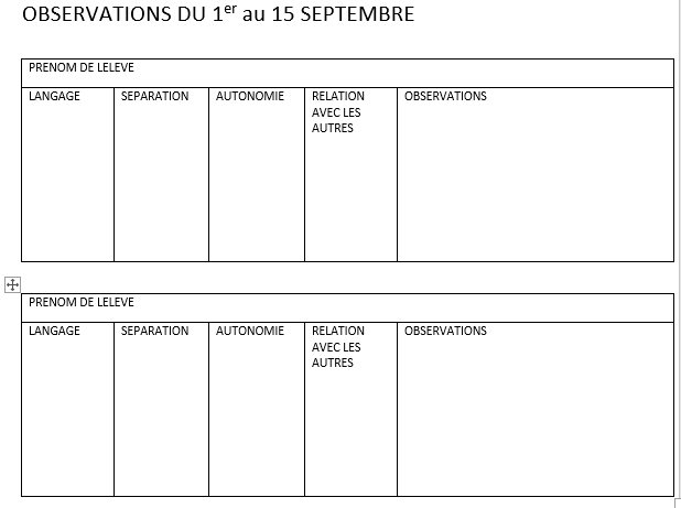 La Classe De Vyk: GRILLE D'OBSERVATION RENTRÉE