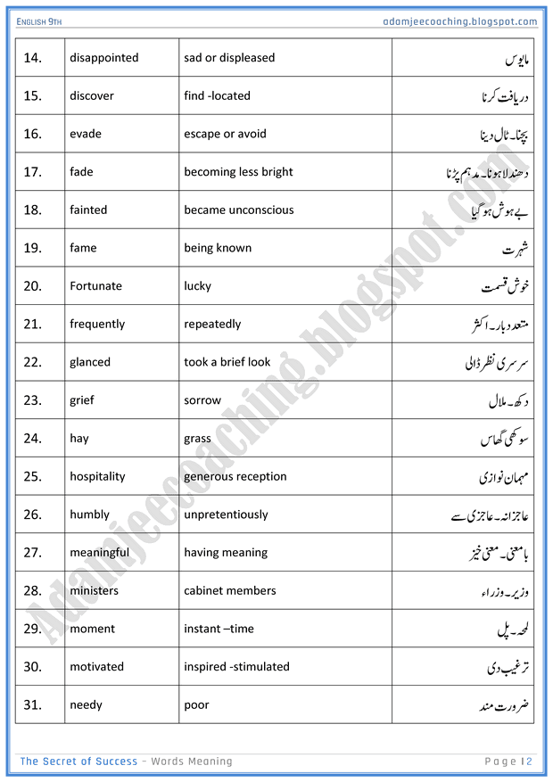 Adamjee Coaching Life Skills Words Meaning English 9th