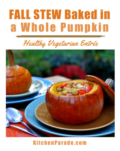 Fall Stew Baked in a Whole Pumpkin ♥ KitchenParade.com, a vegetarian stew cooked inside a small pumpkin.