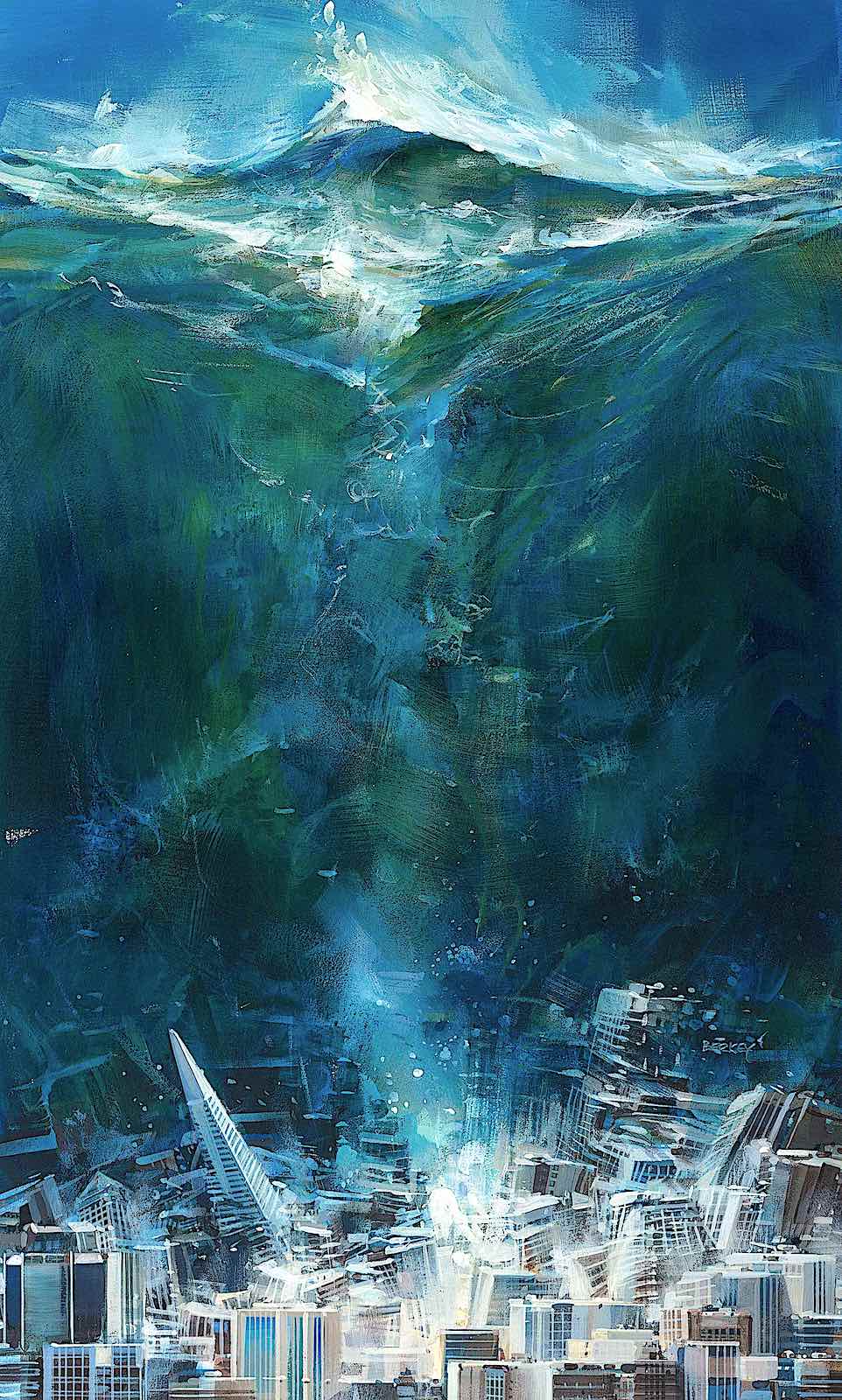 John Berkey a John Berkey illustration of a giant tsunami hitting a big city