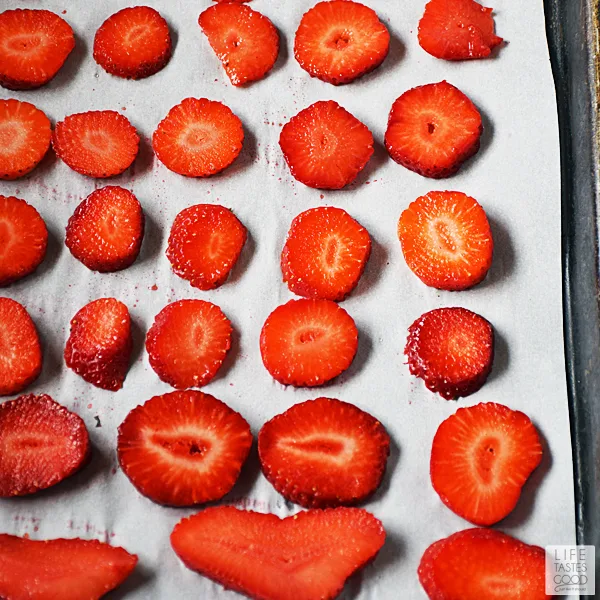 Fresh strawberries sliced and ready to be dried (dehydrated)
