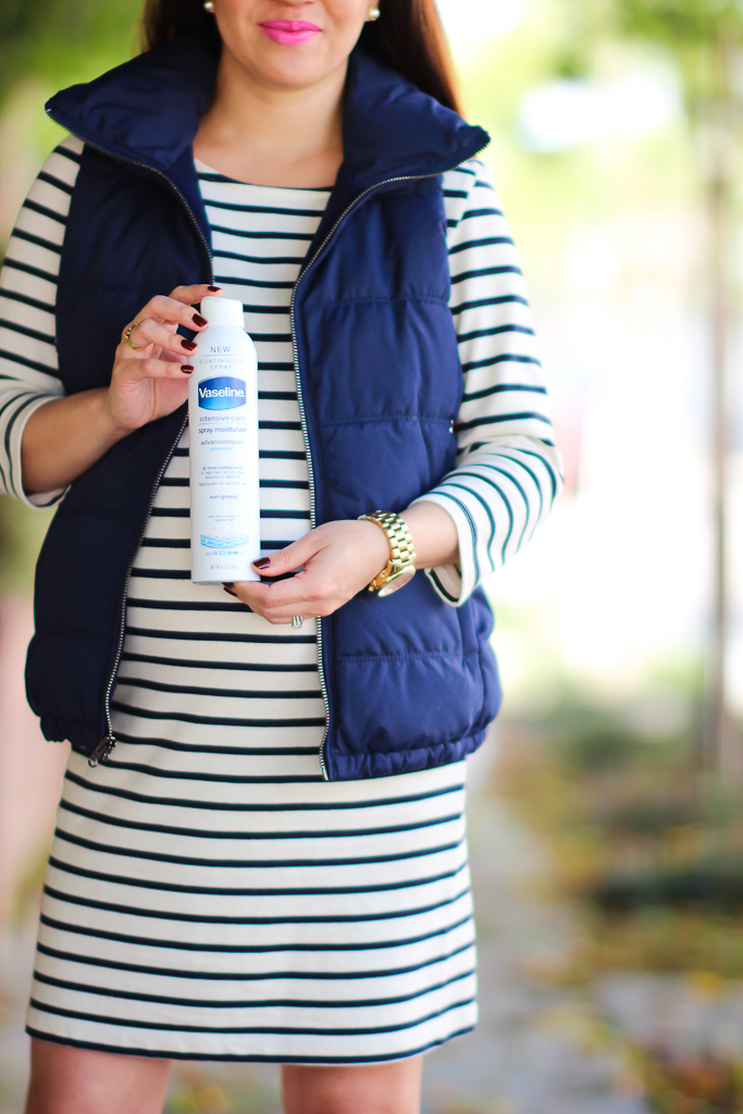 Express plaid blanket scarf, Ganni striped dress, J.Crew polka dot umbrella, maternity outfits, Old Navy Womens Quilted Fleece Lined Vest Size XS Petite, petite hunter boots, petite pregnant clothes, Tory Burch mini Robinson bag in luggage