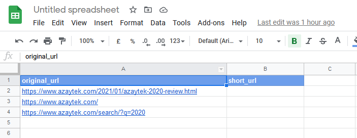 sample spreed sheet for url shortening