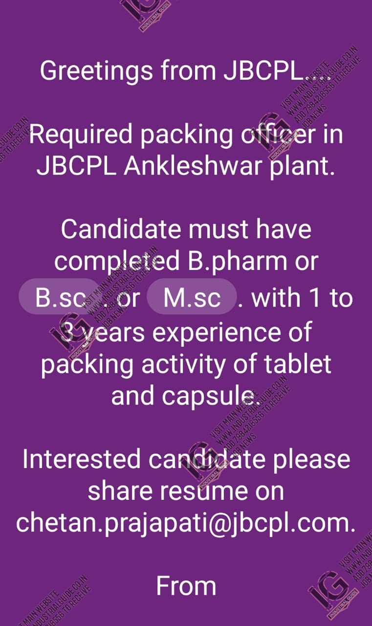 J.B Chemical & Pharmaceutical Ankleshwar jobs for Bsc Msc apply now