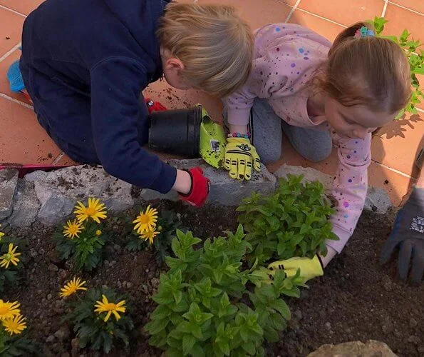 The photos show Hereditary Prince Jacques and Princess Gabriella planting flowers in the garden at Roc Agel in Monaco