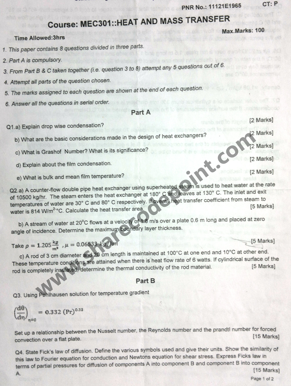 MEC301 Heat And Mass Transfer End Term Exam Question Paper