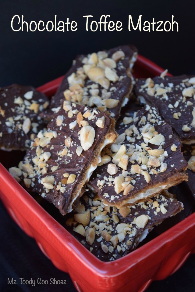 Chocolate Toffee Matzoh - A super-easy Passover dessert that everyone will kvell over! Melt brown sugar and butter, top with chocolate chips, spread chocolate to cover, and add nuts if desired. | Ms. Toody Goo Shoes