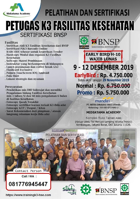 Petugas K3 Fasilitas Kesehatan tgl. 9-12 Desember 2019 di Jakarta