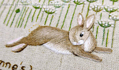 Detail of embroidered hare from Jenny McWhinney's Queen Anne's Lace