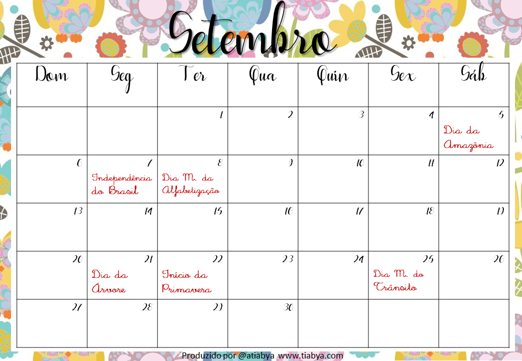 Calendário de Setembro Tia Bya Calendário de Setembro Tia Bya