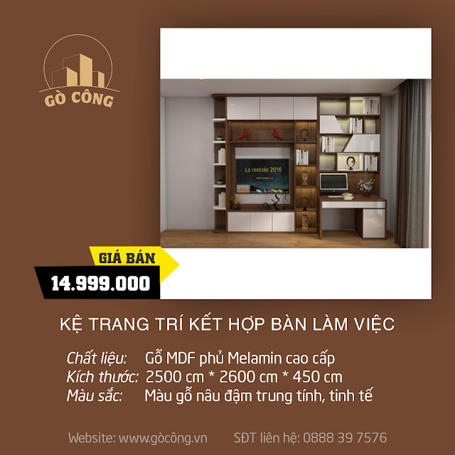 Kệ trang trí kết hợp bàn làm việc chất liệu gỗ MDF phủ Melamin cao cấp