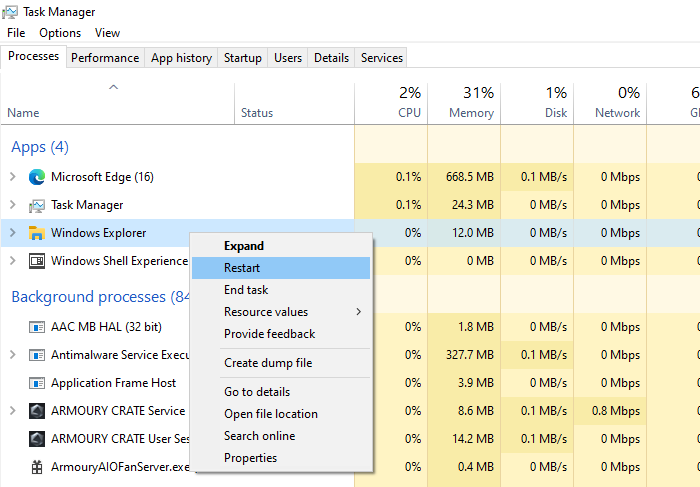 Khởi động lại File Explorer