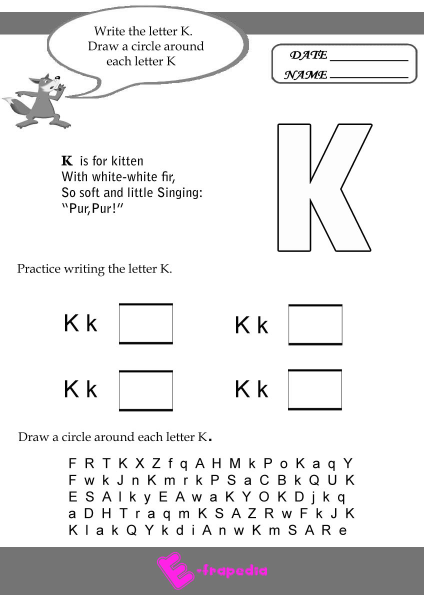 Letter K Writing and Coloring Worksheets for Kindergarten