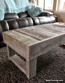reclaimed wood, barn wood, coffee table, weathered wood, mossy wood, Beyond The Picket Fence, http://bec4-beyondthepicketfence.blogspot.com/2015/02/barn-wood-coffee-table-and-change.html
