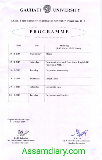Gauhati University BA/Bcom exam routine 2019