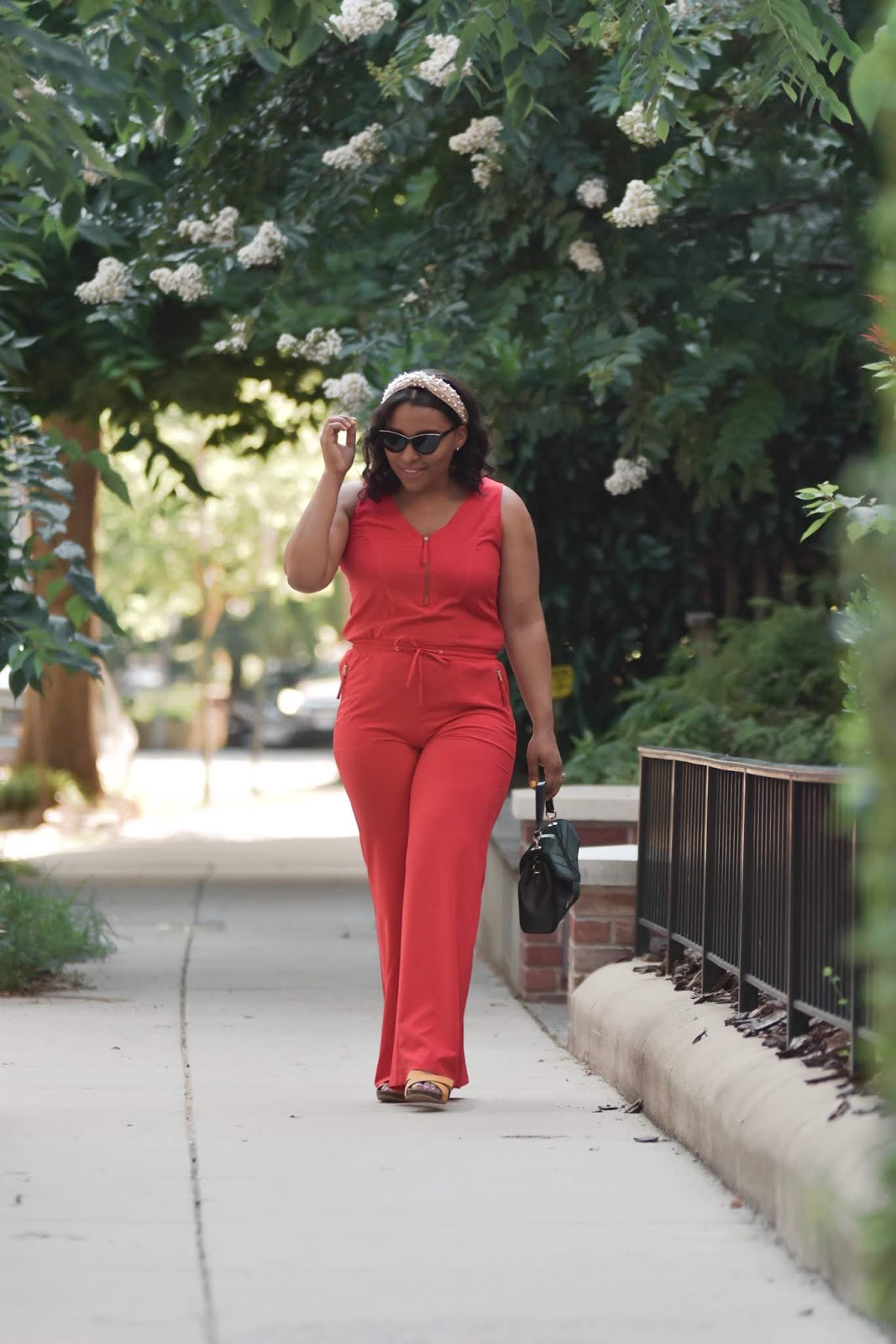 Red jumpsuit, urban decay, pearl headband, hair trends, patty's kloset, summer outfit ideas