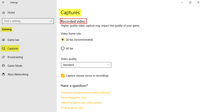 Impostazioni di gioco in Windows 10