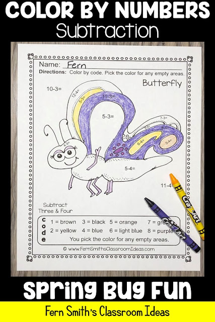 Looking For Some New Spring Subtraction Color By Numbers for Your Class? Color By Numbers Spring Bug Fun Subtraction Resource. FIVE Color By Numbers Subtraction Spring Bug Fun with Numbers - Color By Numbers Printables for some Spring Math Fun in your kindergarten or first grade classroom! #FernSmithsClassroomIdeas