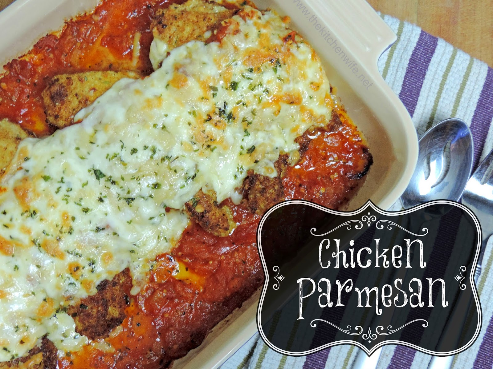 The finished Chicken Parmesan with the title at the  bottom. 