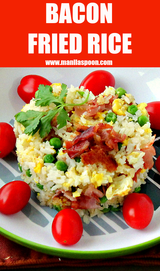 Left-over rice? No problem! Turn it into delicious fried rice flavored with bacon, garlic and eggs! Easy and delicious instant side dish! | manilaspoon.com
