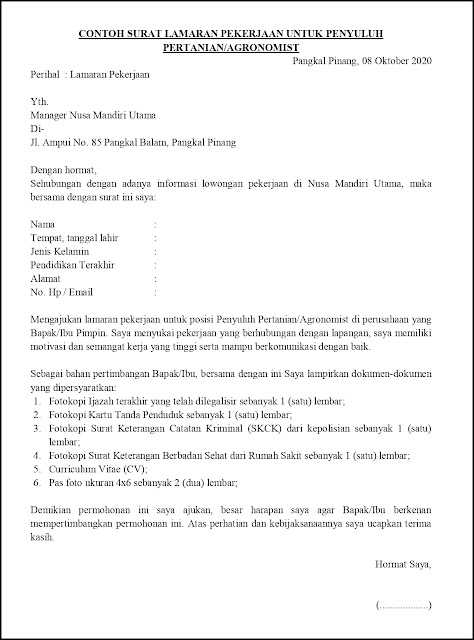 Contoh Surat Lamaran Pekerjaan Untuk Pertanian Dan Luar Ruangan Tanpakoma