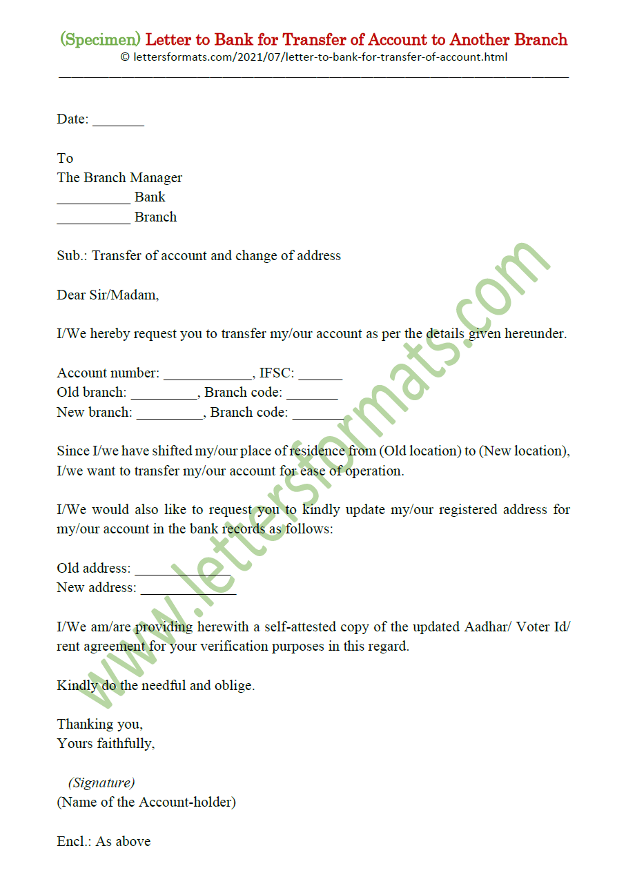 application letter for bank account transfer to another branch