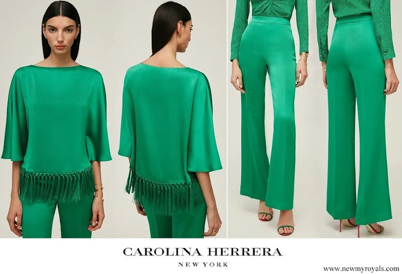 Queen Mathilde wore Carolina Herrera fringed crepe top and crepe straight leg pants green