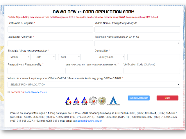 The new OFW e-Card from Overseas Workers Welfare Administration (OWWA) has started its pilot test launch yesterday. The OWWA OFW e-Card is now available for overseas Filipino workers (OFWs) with an existing contract who went back to their home country and are returning to the same employers abroad. Ads Sponsored Links On a social media post made by OWWA Administrator Hans Leo Cacdac, he invites every OFW to visit the OWWA official website and participate in the pilot test launching of the OWWA e-Card. The e-Card is now on its Phase 1 which means that the card is now available only for "balik-manggagawa". For the OFWs to avail the card, all they have to do is to visit the site and click the OWWA e-Card banner. A new window will open, an online application form where you will be asked to enter your personal information. Note that you need to have a valid OEC or exemption number in order to proceed with the application and you must be an active OWWA member. You need to provide your full name, date of birth, contact number, passport number, your valid OEC/exemption number and where do you prefer to pick-up your OWWA OFW e-Card. After completely filling up the form correctly, click on "accept data privacy policy" and submit the application. You can also track the delivery status of your e-card by clicking the banner as shown above. The site will provide a tracking number for you once your application is completed. You can use it for tracking your card delivery or you can simply key-in your passport number and your birth date. Filed under the category of OFW e-Card, Overseas Workers Welfare Administration (OWWA), overseas Filipino workers (OFWs), employers abroad