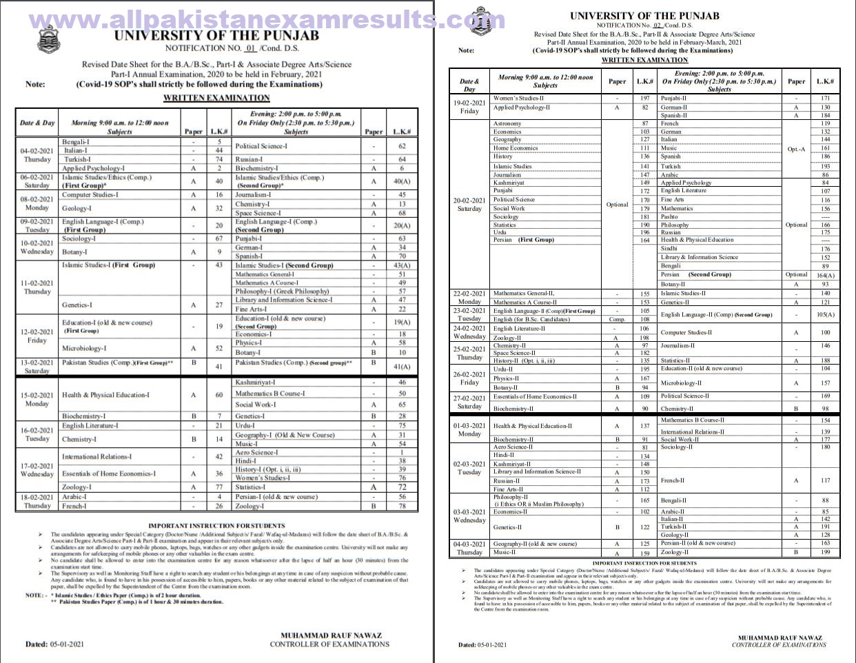 Date Sheet BA BSc Punjab University 2021 Revised Part 1 Part 2 All