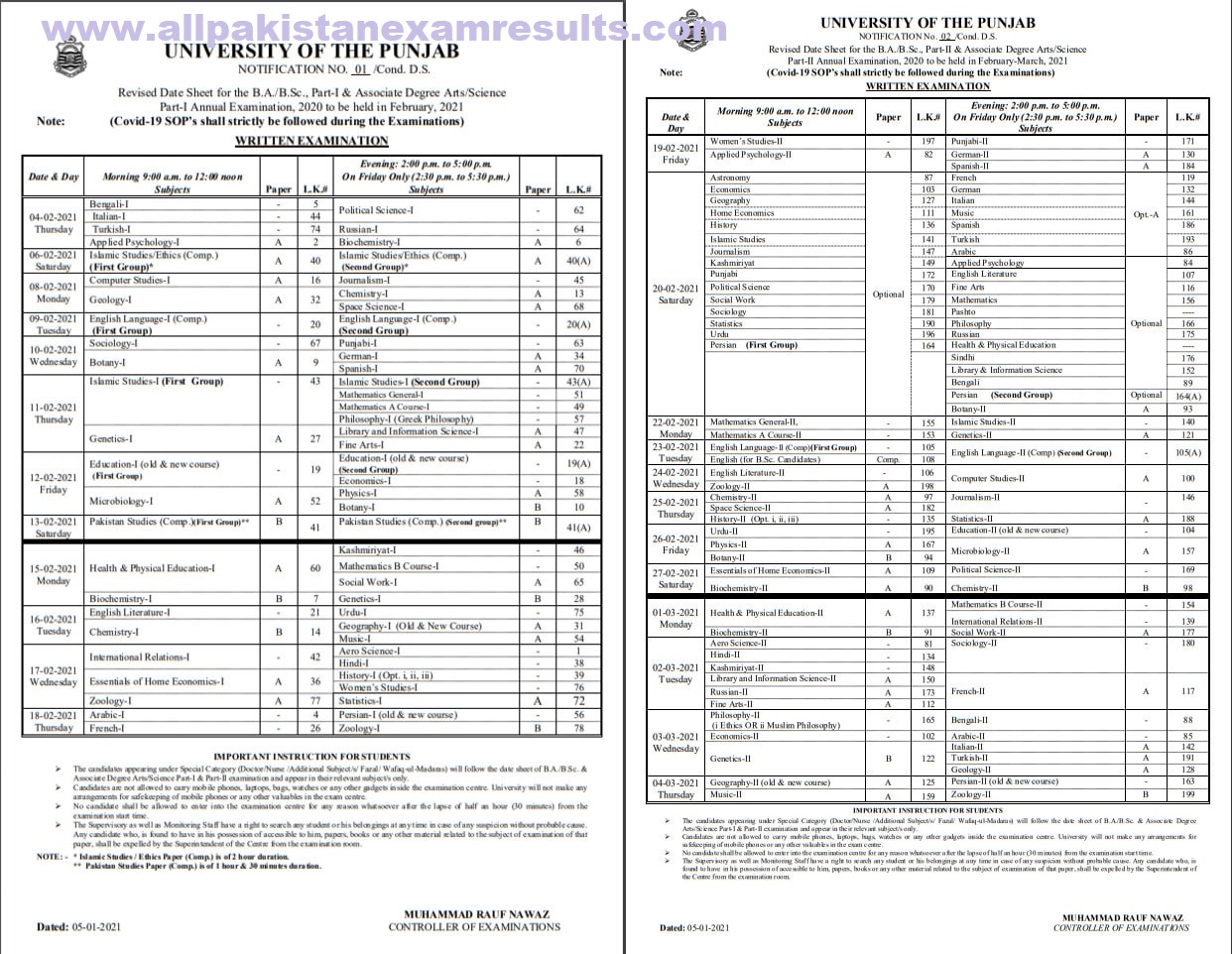 Date Sheet BA BSc Punjab University 2021 Revised Part 1 Part 2