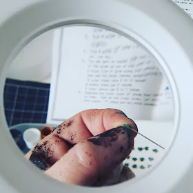 View through a desktop magnifier of a (badly stained hand, holding a miniature ivy leaf with a needle stuc into the side of the leaf. In the background are a set of instructions, several more miniature ivy leaves set out on a tray, and three miniature plant pots.