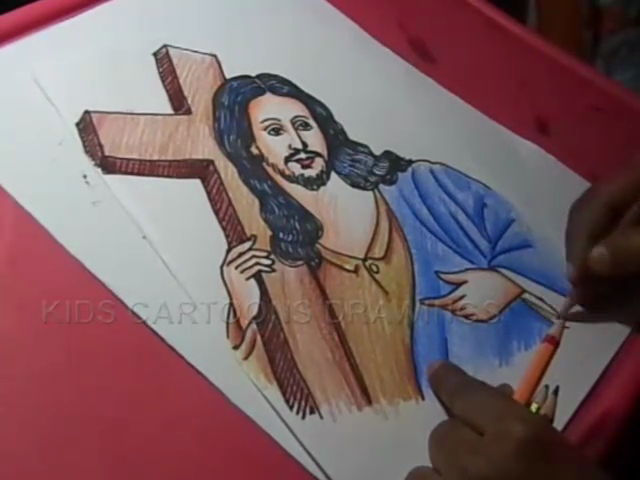 KIDS CARTOON DRAWINGS: How to Draw Jesus Christ with Cross Color Drawing