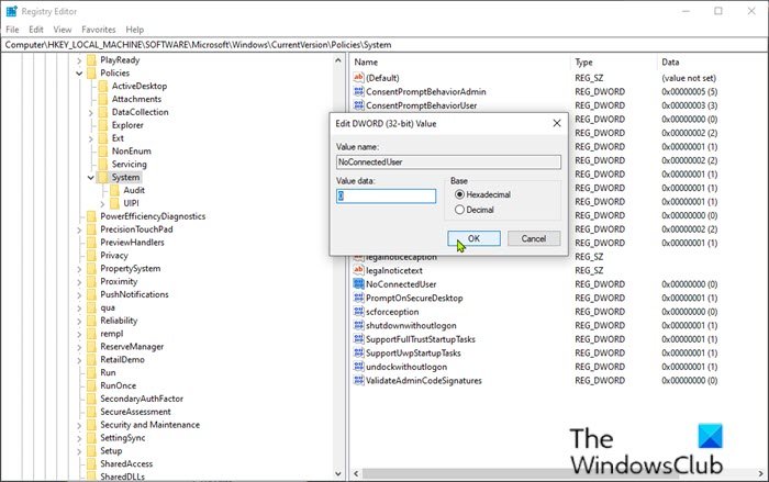 'Permitir' cuenta de Microsoft a través del Editor del Registro