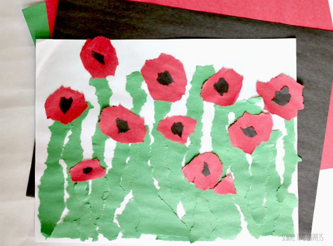 remembrance day tear art poppies craft school time snippets tear art