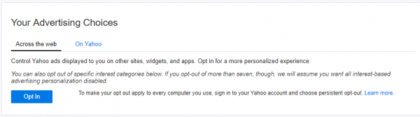 Yahoo에서 개인화된 광고 표시 중지