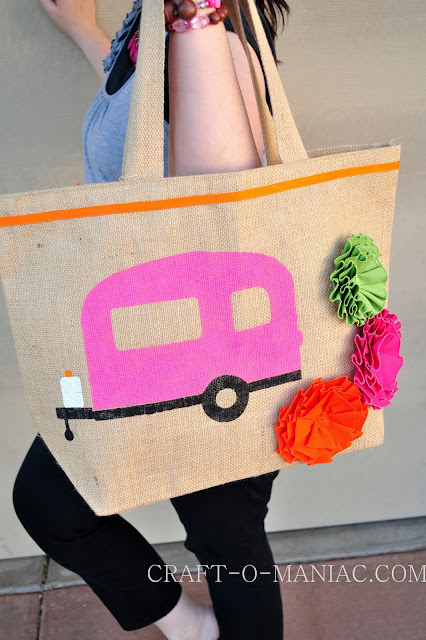 DIY Gone Glamping Tote www.craft-o-maniac.com DIY stenciled camper tote www.craft-o-maniac.com