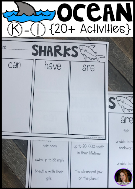 Ocean Activities, Centers and Crafts for kindergarten is the perfect unit for young learners that love learning about animal life.  This unit is based around essential question and contains real photos, anchor charts, large and small group as well as independent writing and centers to reinforce concepts and fun hands on craftivities that students will love!