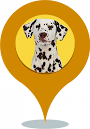 SPOT logo-dalmatian inside a yellow tab used to mark a location